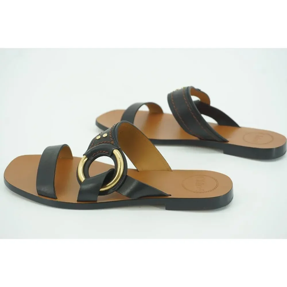 Chloe Demi Slide Buckle Glide Flat Sandals SZ 38 NIB New $670 Black Leather